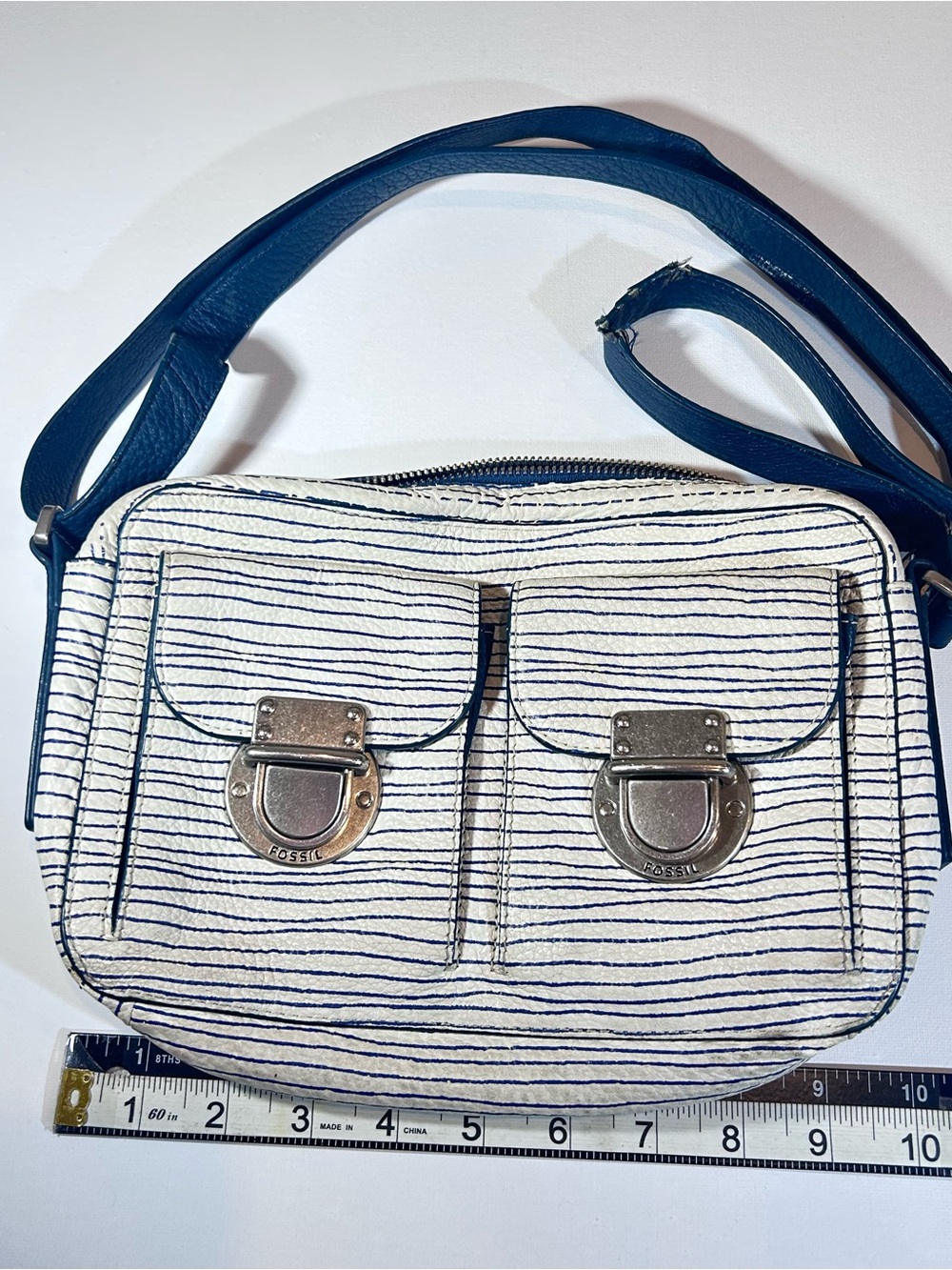 Fossil ZB0543 Leather Crossbody Bag White Blue Stripe Double Pocket Vintage